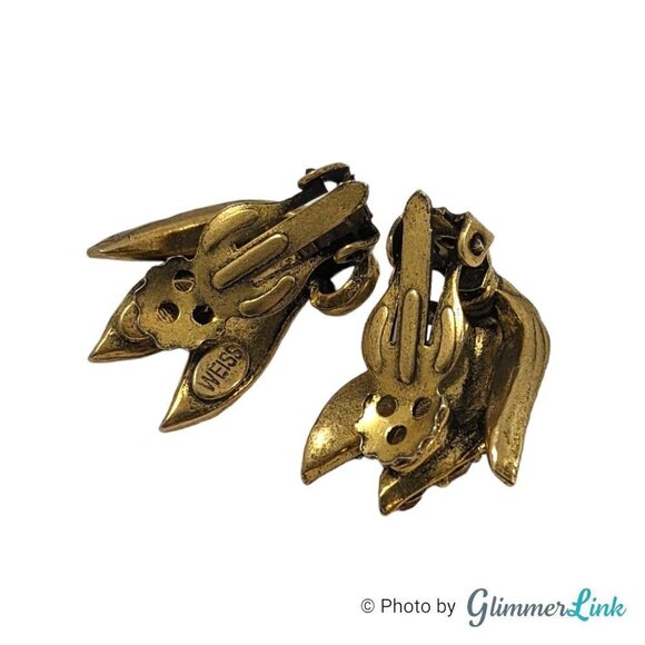 VTG Weiss Aurum Metallic Rhinestones Triple Leaf Bronze Tone Clip On Earrings - Picture 8 of 9